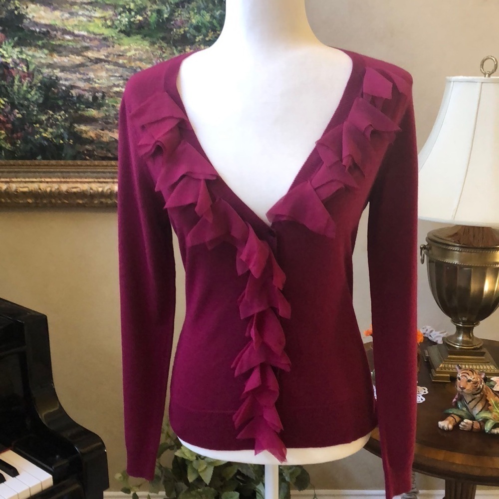 Magenta Ruffle-Trim V-Neck Cardigan